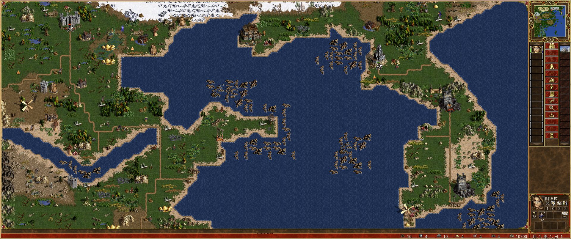 《海岛》游戏内截图：大片海域居中，东岸大陆与半岛分列两侧，水面上散着中立守军的队列