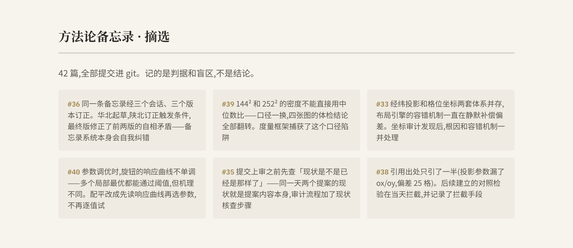 方法论备忘录摘选六条：#36 备忘录自我纠错、#39 口径一换结论全反、#33 容错机制静默补偿、#40 响应曲线不单调、#35 上审前先查现状、#38 引用只引了一半