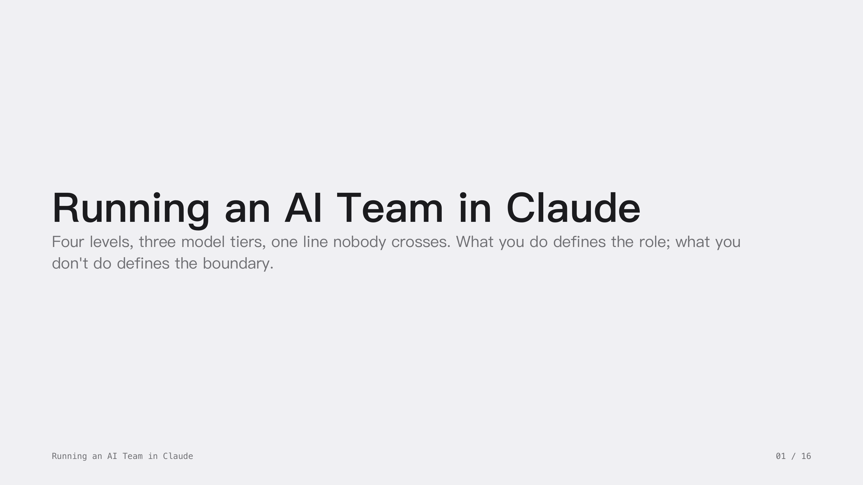 Running an AI Team in Claude, slide 1: four levels, three model tiers, one line nobody crosses; what you do defines the role, what you don't do defines the boundary.