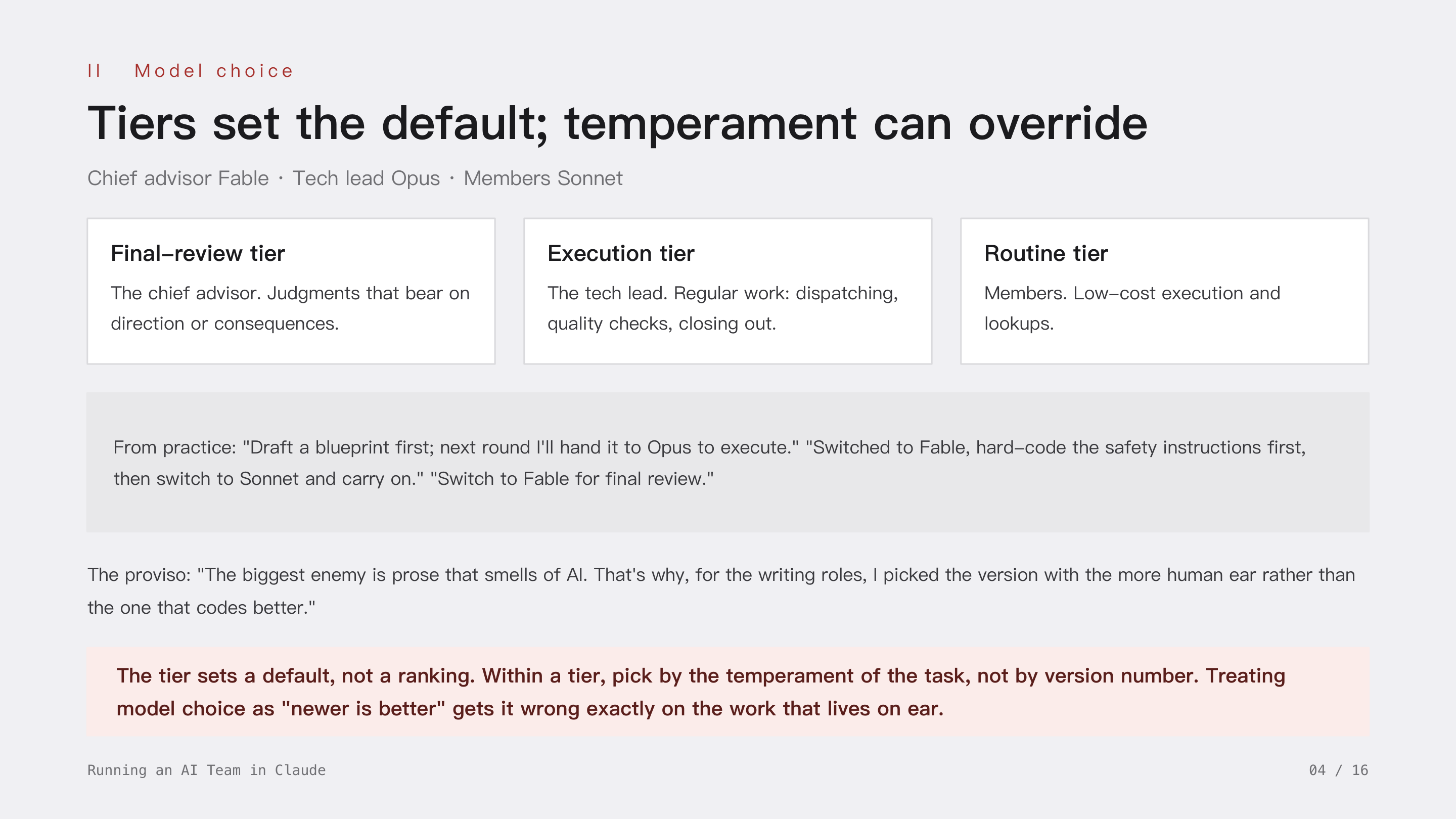 Running an AI Team in Claude, slide 4: II Model choice · Model tiers: the tier sets the default, temperament can override. Final-review, execution and routine tiers; the tier is a default, not a ranking, and within a tier you pick by the temperament of the task, not by version number.
