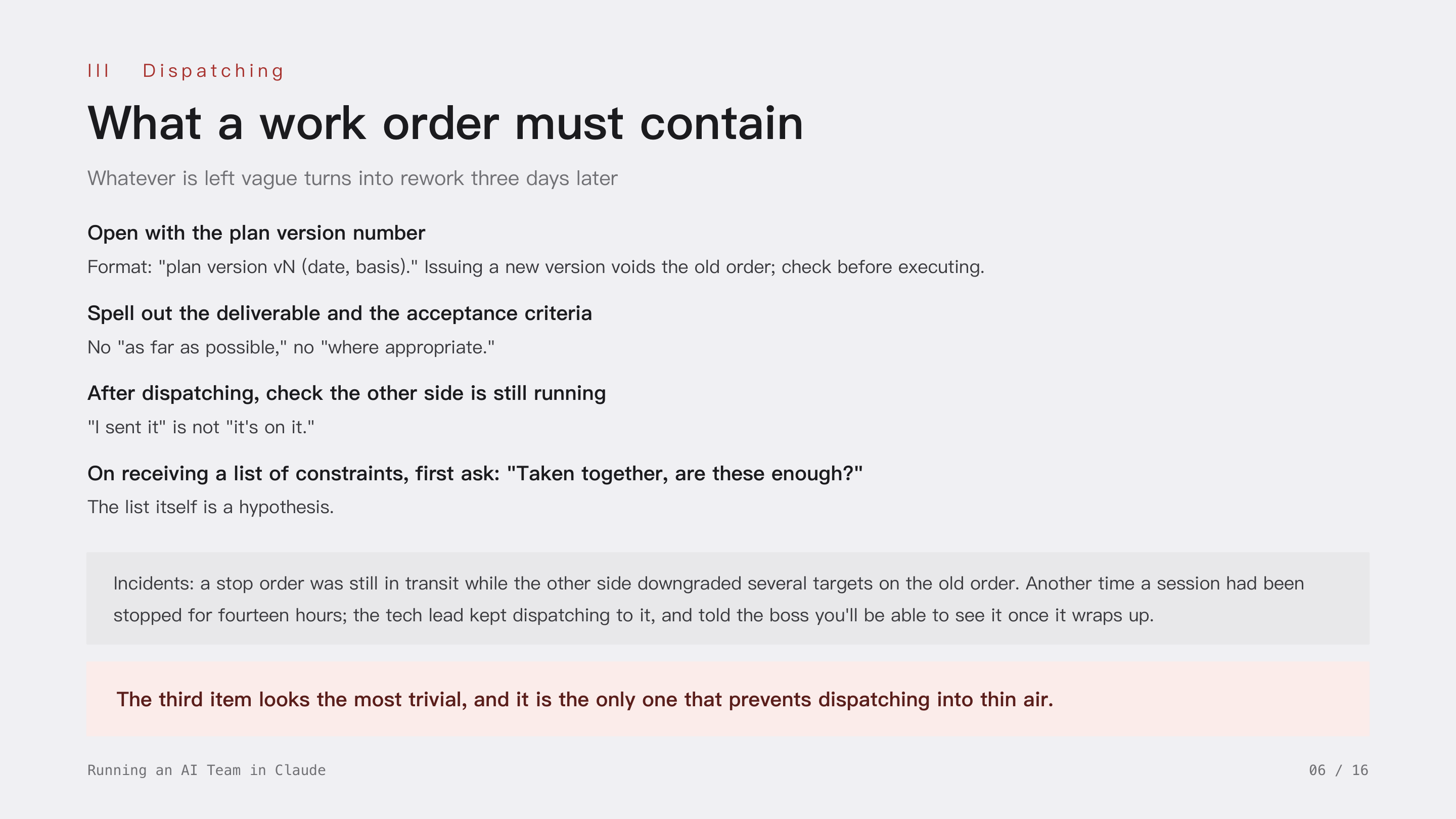 Running an AI Team in Claude, slide 6: III Dispatching · What a work order must contain. Open with the plan version number; spell out the deliverable and acceptance criteria; after dispatching, check the other side is still running; on receiving a list of constraints, ask whether they are enough taken together.