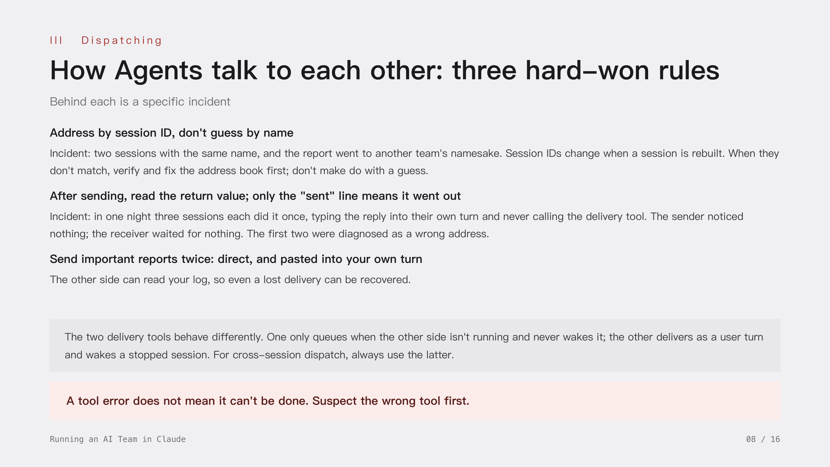 Running an AI Team in Claude, slide 8: III Dispatching · How Agents talk to each other: three rules learned the hard way. Address by session ID, not by name; read the return value, only the sent line counts; send important reports twice.