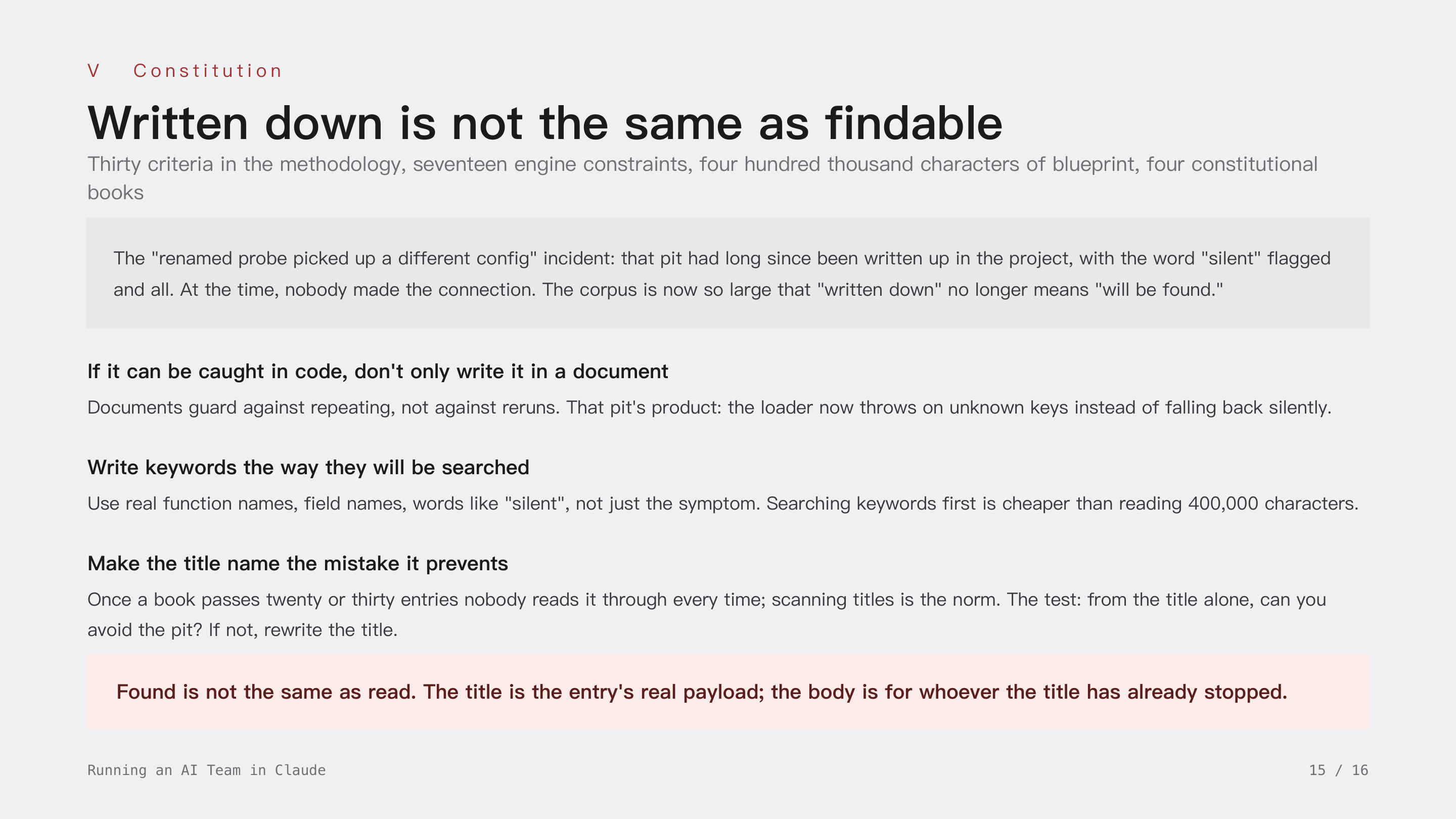 Running an AI Team in Claude, slide 15: V Constitution · Written down is not the same as findable. If it can be caught in code, don't only write it in a document; write keywords the way they will be searched; make the title name the mistake it prevents.