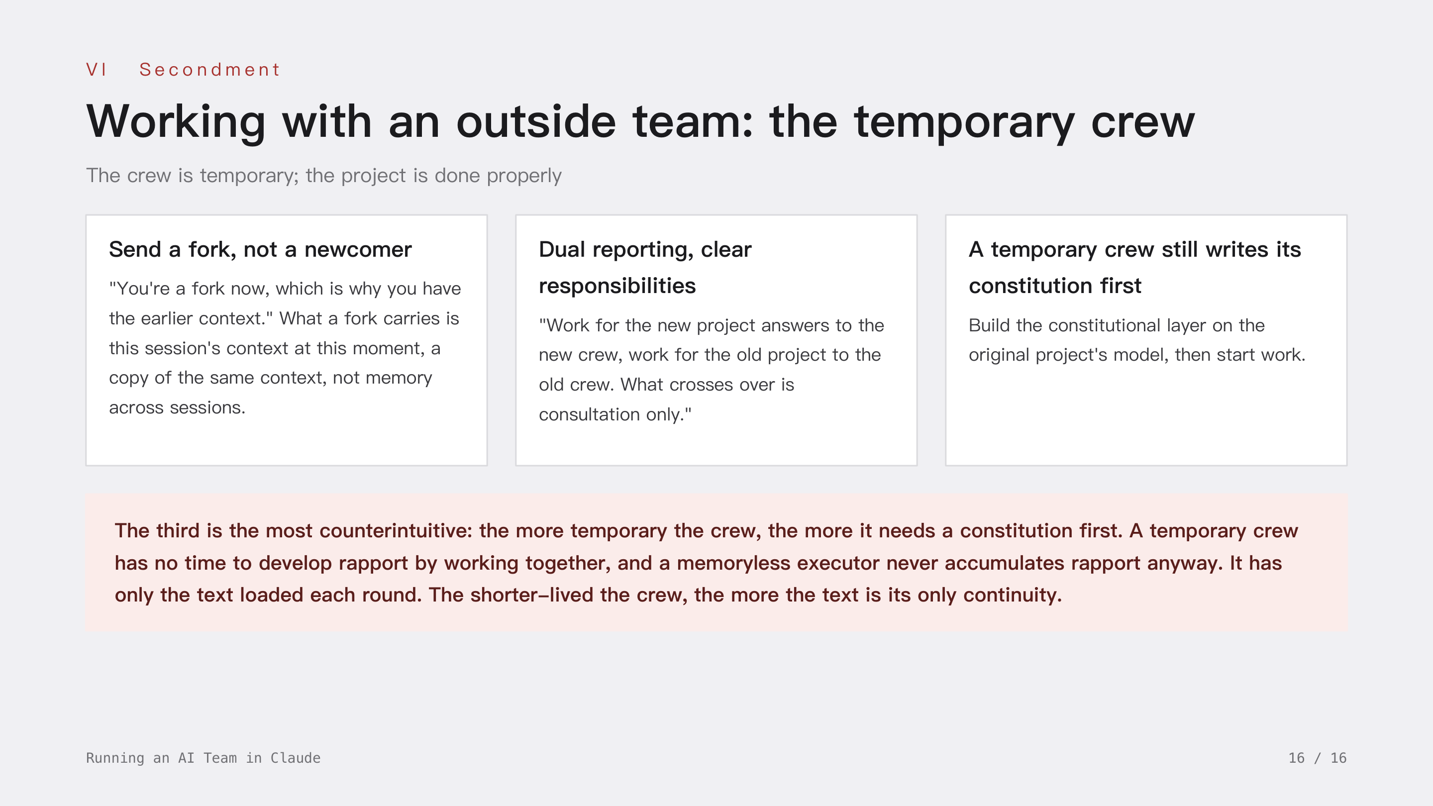 Running an AI Team in Claude, slide 16: VI Secondment · Working with an outside team: the temporary crew. Send a fork, not a newcomer; dual reporting with clear responsibilities; a temporary crew still writes its constitution first. The shorter-lived the crew, the more the text is its only continuity.