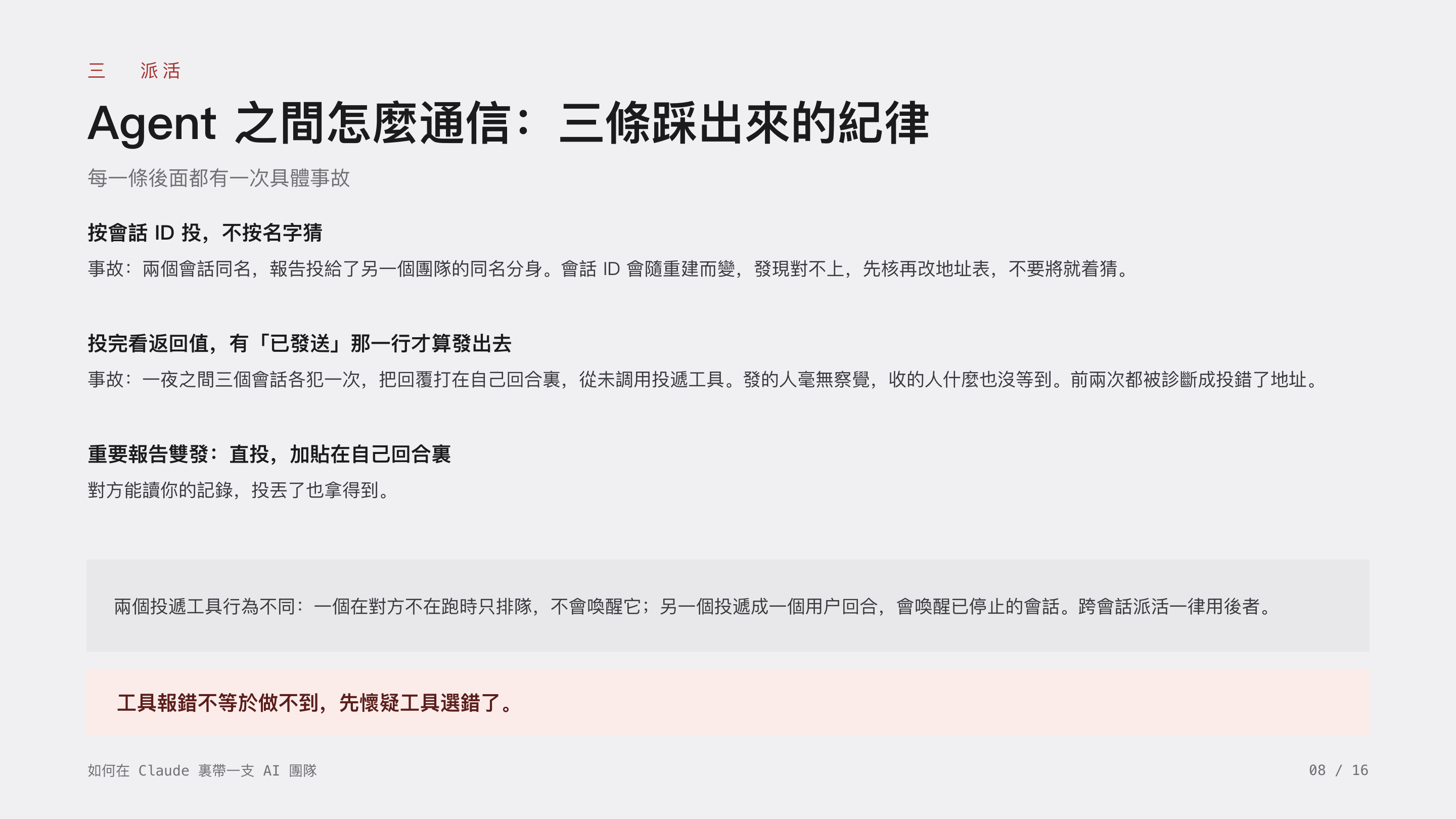 《如何在 Claude 裏帶一支 AI 團隊》第 8 頁：三 派活 · Agent 之間怎麼通信：三條踩出來的紀律。按會話 ID 投，不按名字猜；投完看返回值，有「已發送」那一行才算發出去；重要報告雙發。