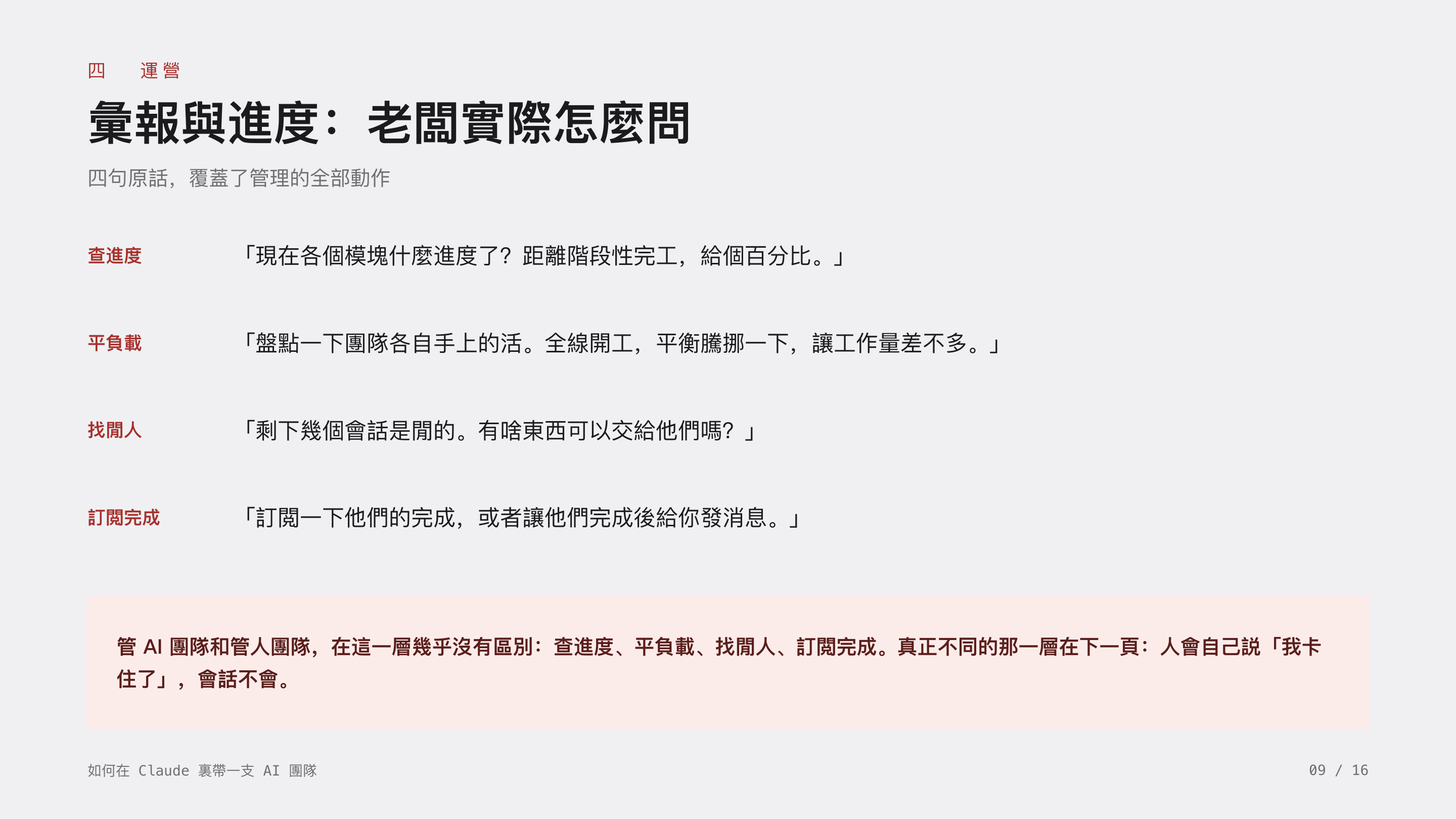 《如何在 Claude 裏帶一支 AI 團隊》第 9 頁：四 運營 · 彙報與進度：老闆實際怎麼問。查進度、平負載、找閒人、訂閲完成；這一層和管人團隊幾乎沒有區別，真正不同的是人會自己説「我卡住了」，會話不會。