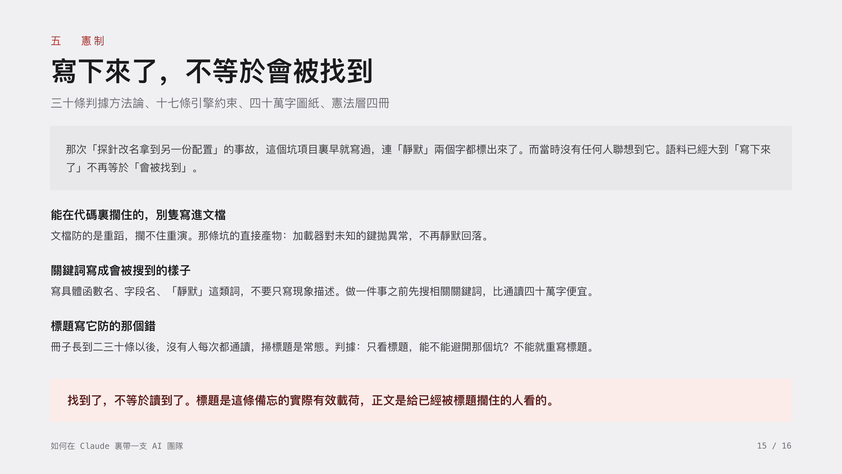 《如何在 Claude 裏帶一支 AI 團隊》第 15 頁：五 憲制 · 寫下來了，不等於會被找到。能在代碼裏攔住的，別隻寫進文檔；關鍵詞寫成會被搜到的樣子；標題寫它防的那個錯。