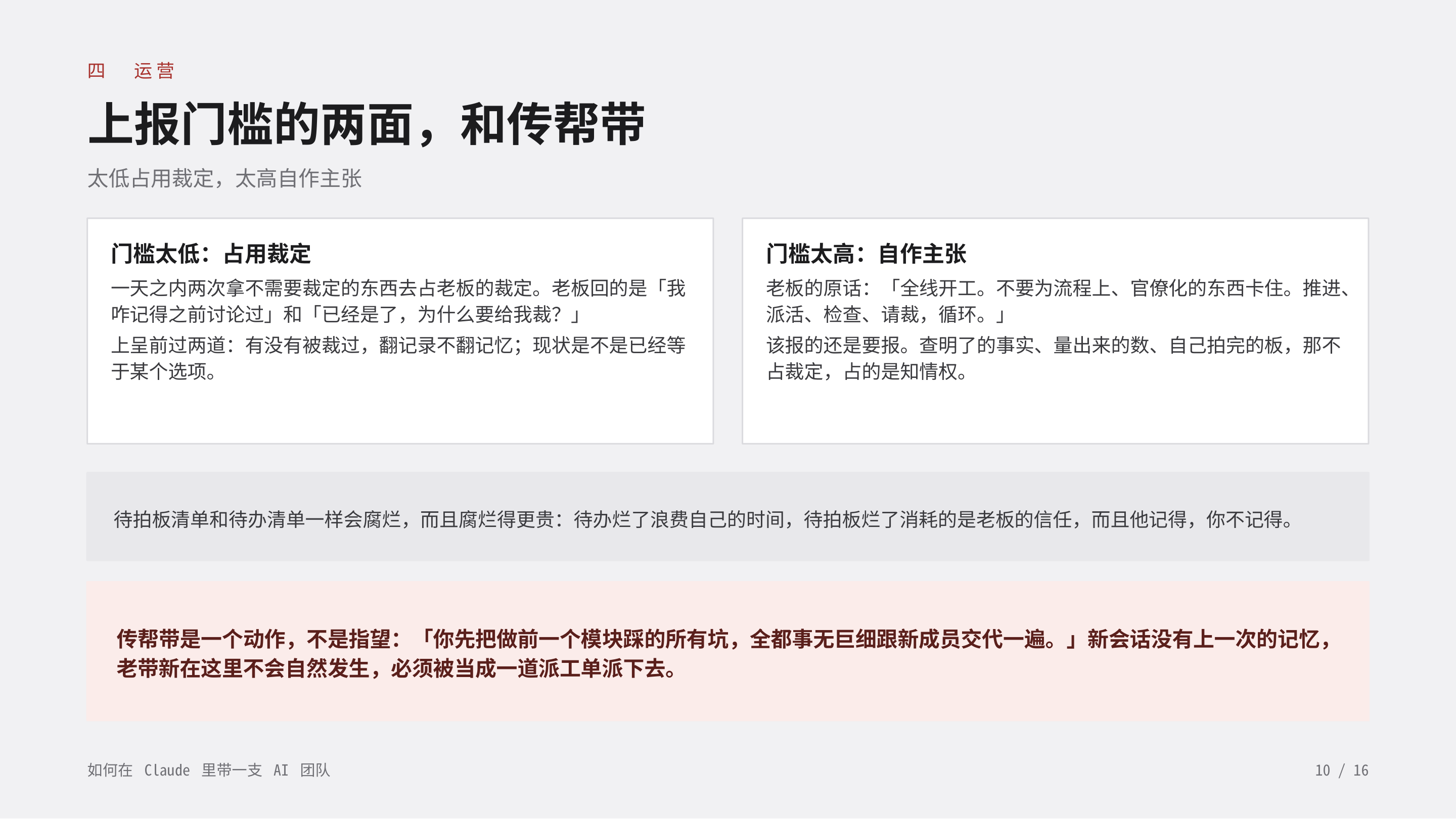 《如何在 Claude 里带一支 AI 团队》第 10 页：四 运营 · 上报门槛的两面，和传帮带。门槛太低占用裁定，太高自作主张；待拍板清单和待办清单一样会腐烂，而且腐烂得更贵。传帮带是一个动作，不是指望。