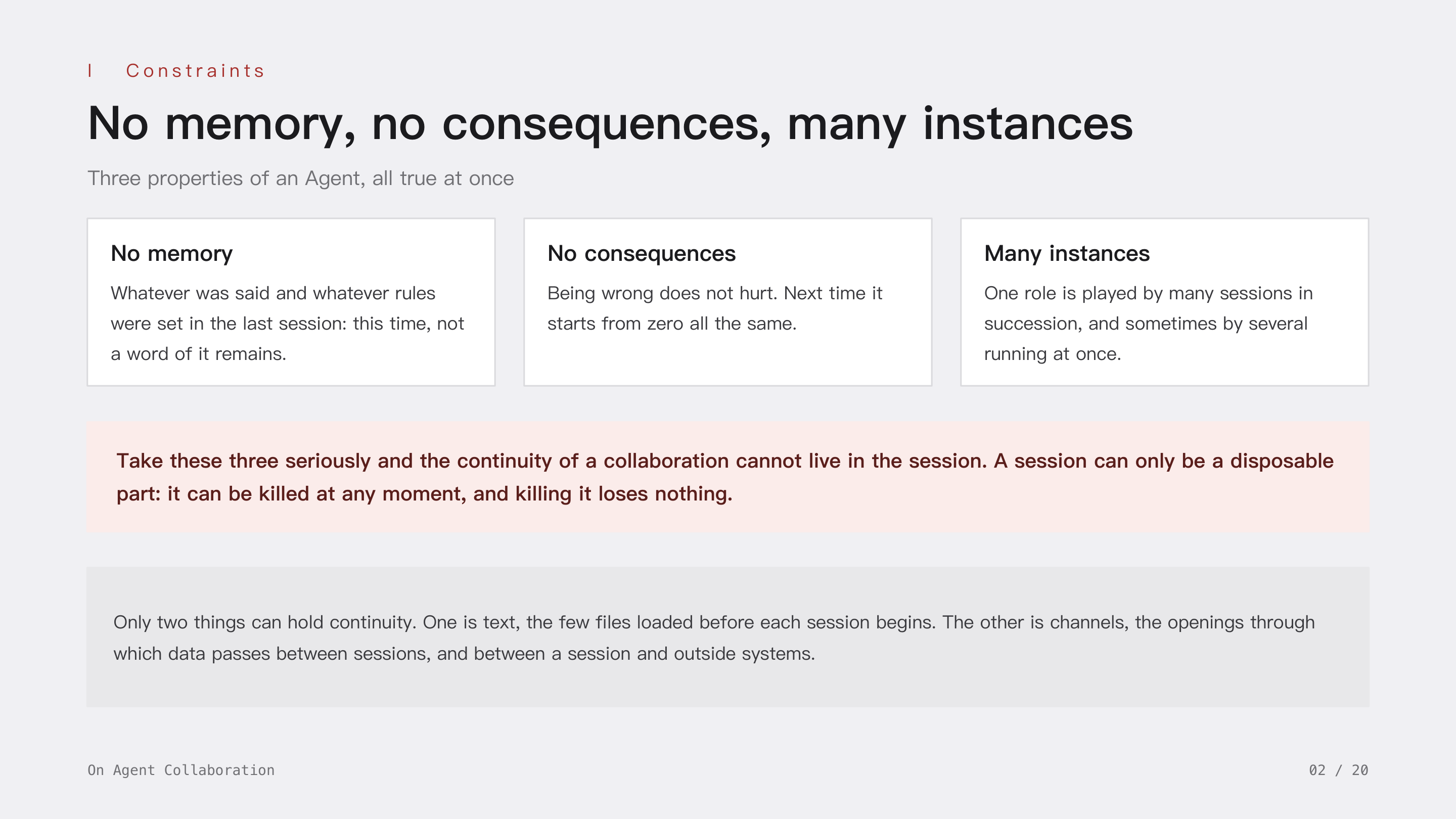 On Agent Collaboration, slide 2: I Constraints · No memory, no consequences, many instances. With all three true at once, continuity cannot live in the session; only text and channels can hold it.