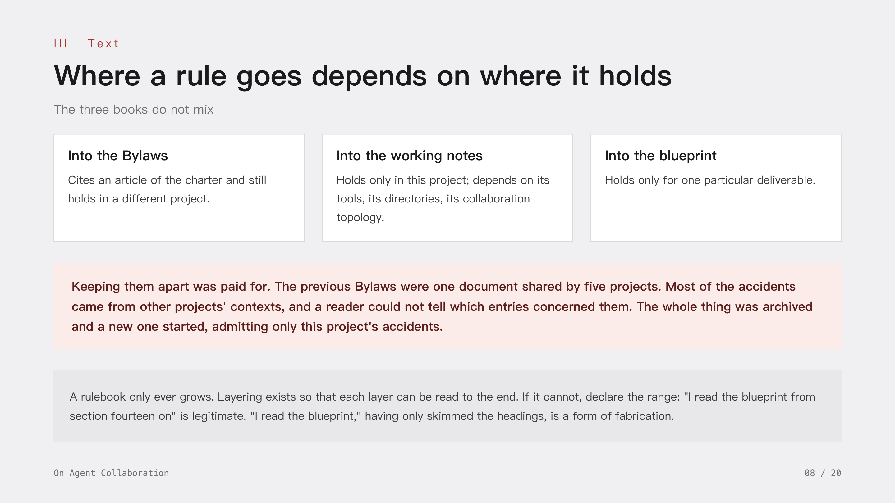On Agent Collaboration, slide 8: III Text · Which book a rule goes into depends on the range in which it holds. Holds across projects: Bylaws. Holds only in this project: working notes. Holds only for one deliverable: the blueprint. If you cannot read it all, declare the range.
