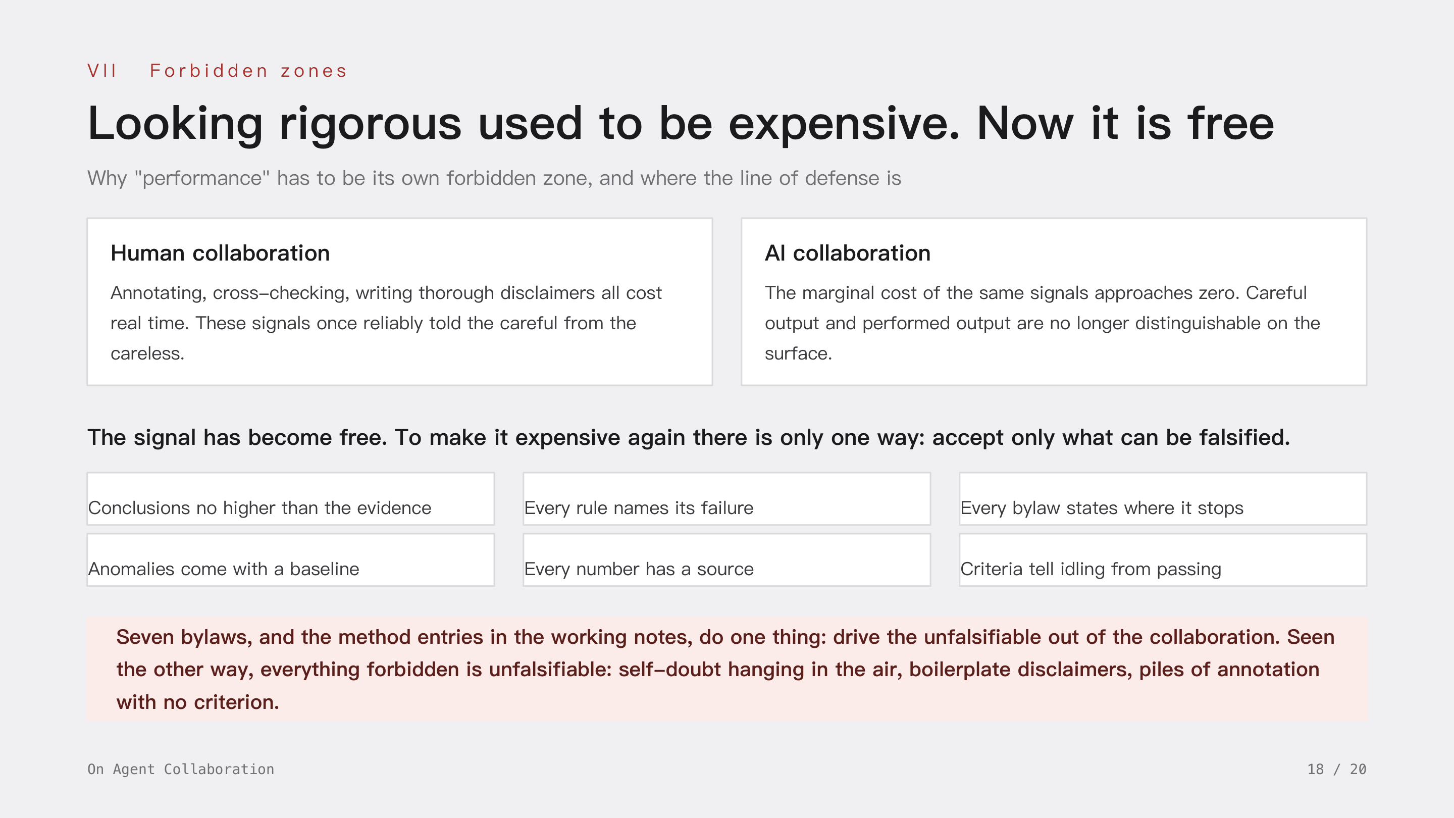 On Agent Collaboration, slide 18: VII Forbidden zones · Looking rigorous used to be expensive. Now it is free. The marginal cost of annotations and disclaimers approaches zero, so careful and performed output look alike; the only way to make the signal expensive again is to accept only what can be falsified.
