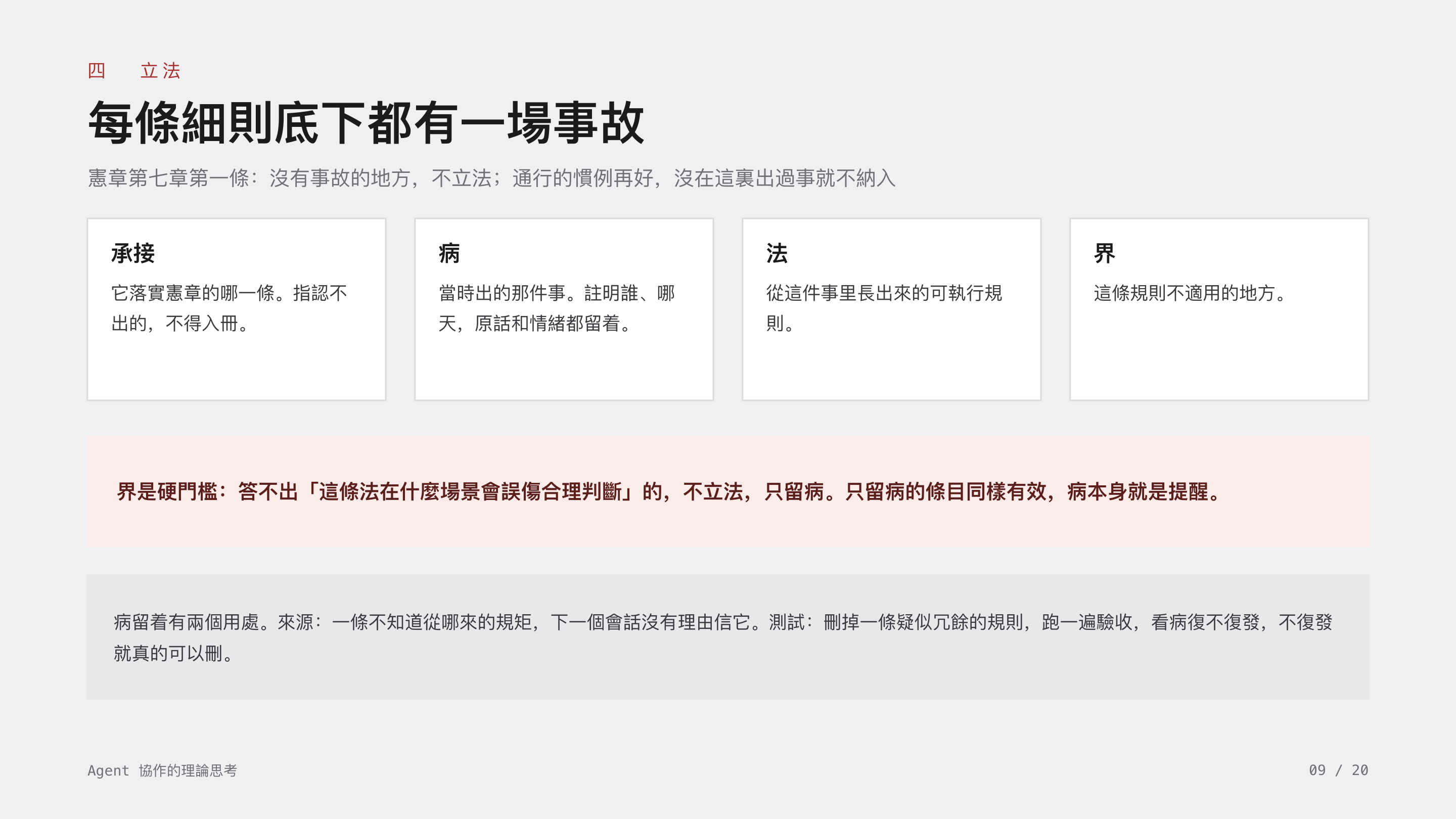 《Agent 協作的理論思考》第 9 頁：四 立法 · 每條細則底下都有一場事故。四件：承接、病、法、界。界是硬門檻——答不出這條法在什麼場景會誤傷合理判斷的，不立法，只留病。