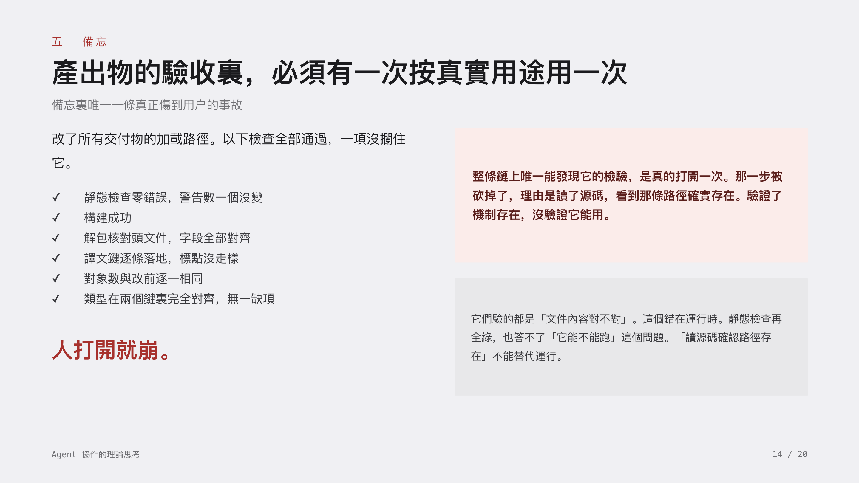 《Agent 協作的理論思考》第 14 頁：五 備忘 · 產出物的驗收裏，必須有一次按真實用途用一次。檢查全部通過，一項沒攔住它，人打開就崩；靜態檢查答不了「它能不能跑」，讀源碼確認路徑存在不能替代運行。