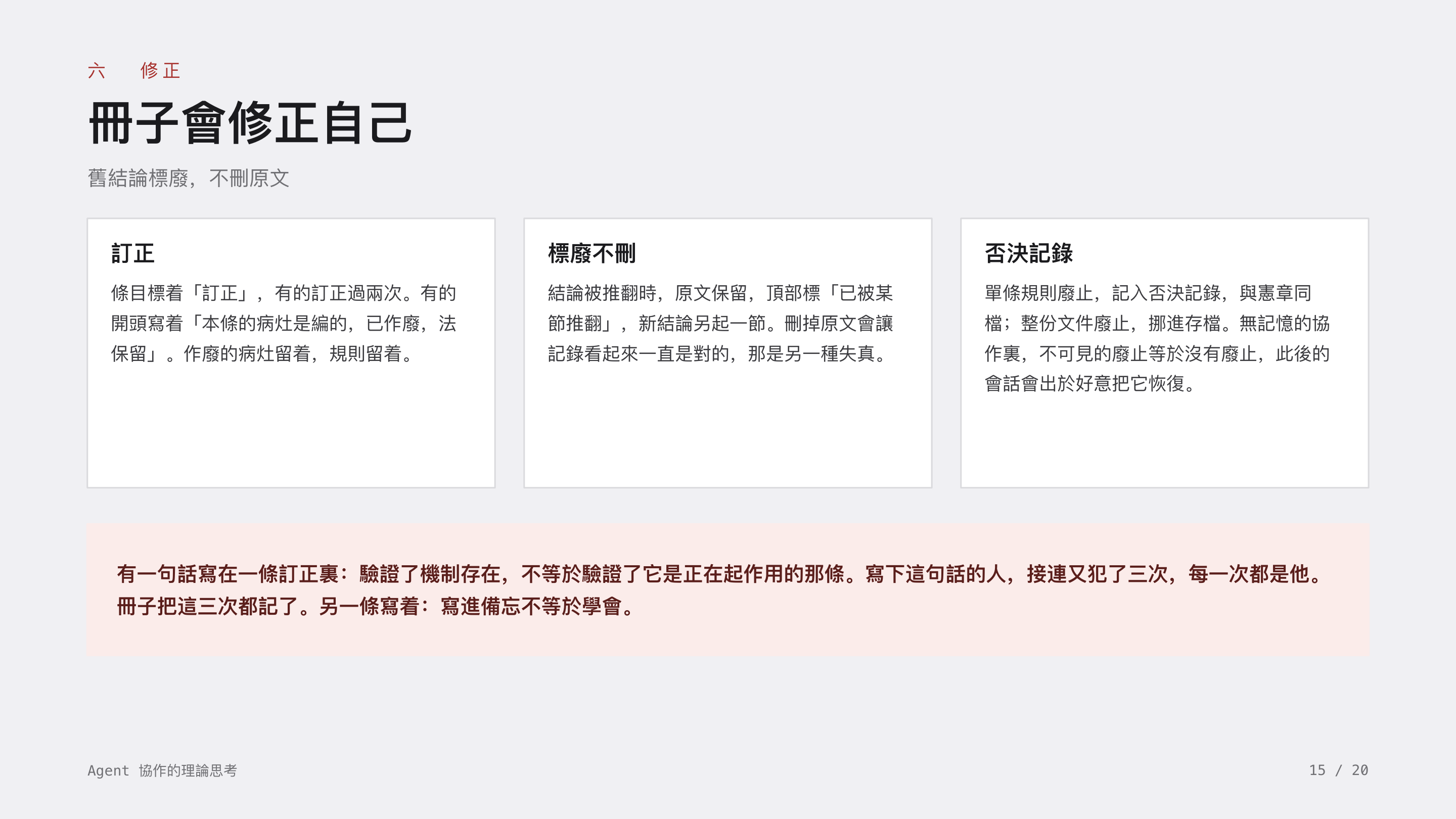 《Agent 協作的理論思考》第 15 頁：六 修正 · 冊子會修正自己。舊結論標廢不刪原文——刪掉會讓記錄看起來一直是對的；不可見的廢止等於沒有廢止，後來的會話會出於好意把它恢復。