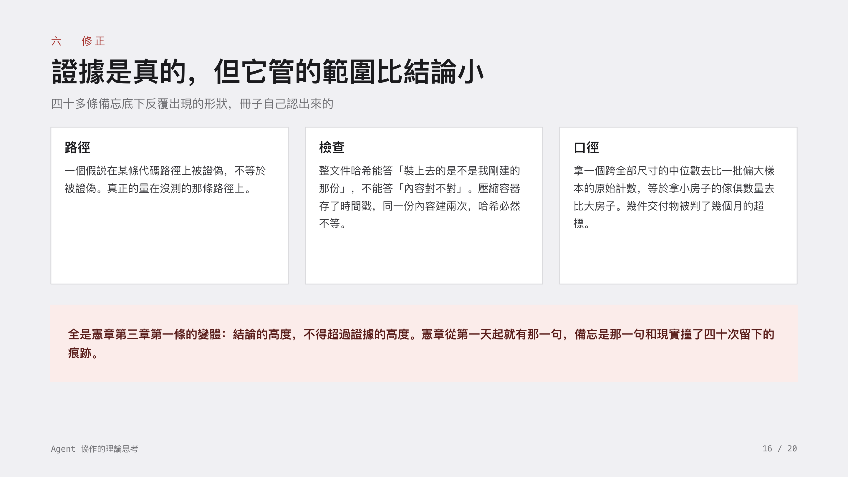 《Agent 協作的理論思考》第 16 頁：六 修正 · 證據是真的，但它管的範圍比結論小。路徑、檢查、口徑三種形態，全是「結論的高度，不得超過證據的高度」的變體。