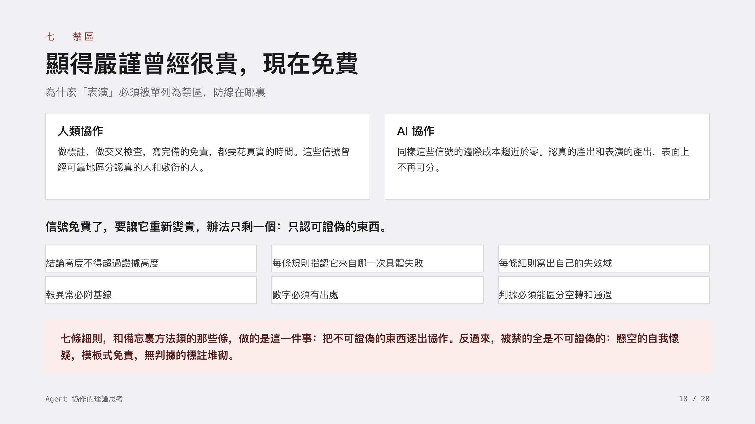 《Agent 協作的理論思考》第 18 頁：七 禁區 · 顯得嚴謹曾經很貴，現在免費。標註與免責的邊際成本趨近於零，認真的產出和表演的產出表面上不再可分；要讓信號重新變貴，辦法只剩一個：只認可證偽的東西。