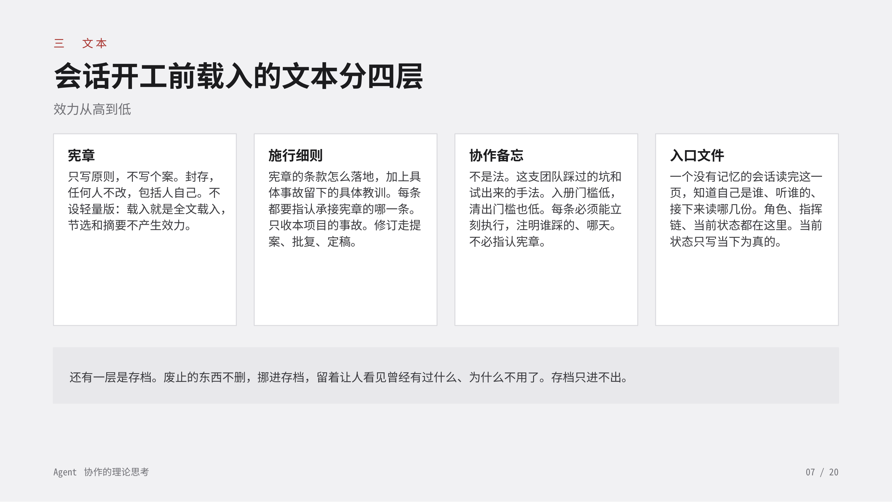 《Agent 协作的理论思考》第 7 页：三 文本 · 会话开工前载入的文本分四层。四层：宪章、施行细则、协作备忘、入口文件，效力从高到低；另有只进不出的存档。