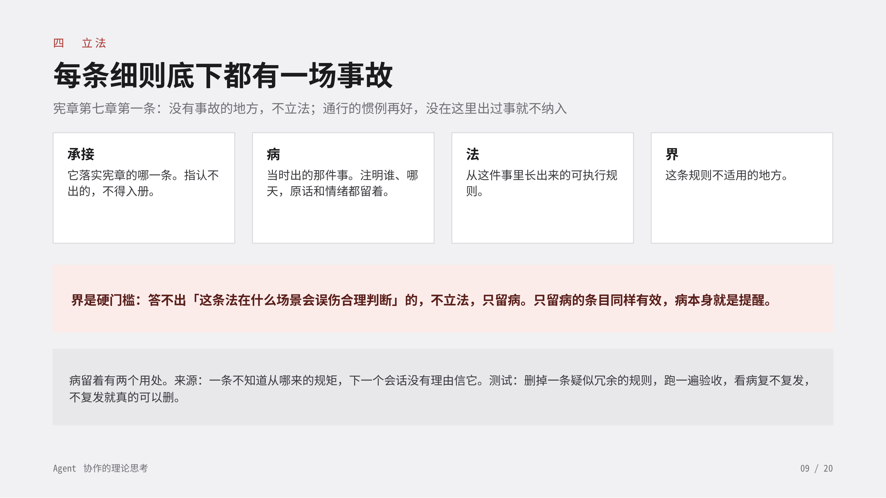 《Agent 协作的理论思考》第 9 页：四 立法 · 每条细则底下都有一场事故。四件：承接、病、法、界。界是硬门槛——答不出这条法在什么场景会误伤合理判断的，不立法，只留病。