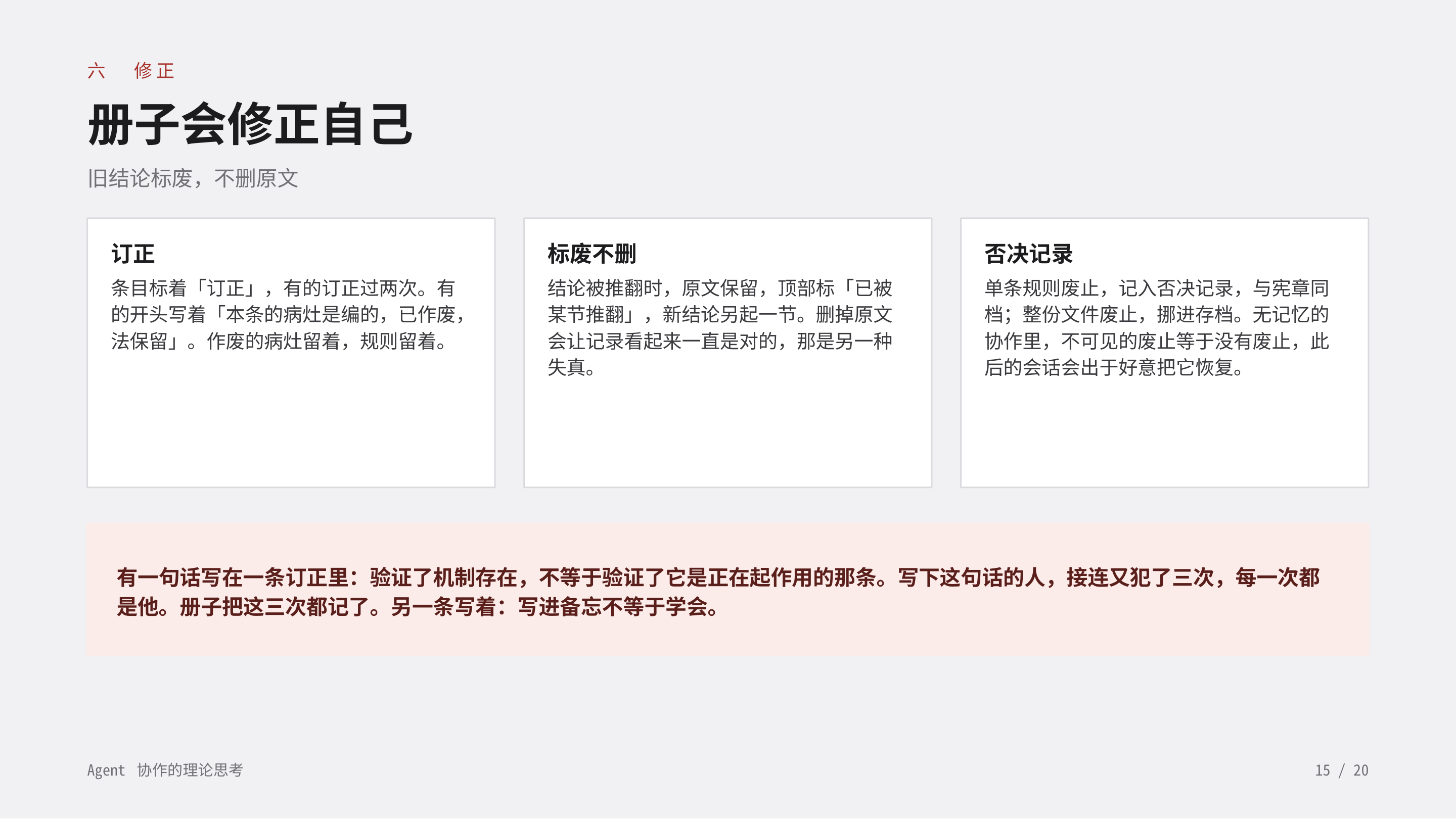 《Agent 协作的理论思考》第 15 页：六 修正 · 册子会修正自己。旧结论标废不删原文——删掉会让记录看起来一直是对的；不可见的废止等于没有废止，后来的会话会出于好意把它恢复。
